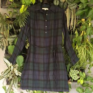 LOFT Black Watch Plaid Long Sleeve Shirt Dress, S